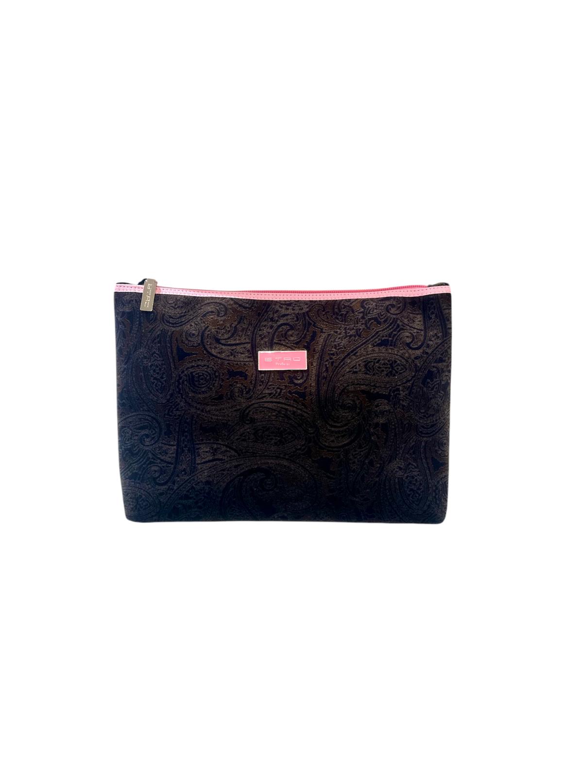 Pochette Etro grande di velluto marrone con zip rosa fantasia Paisley