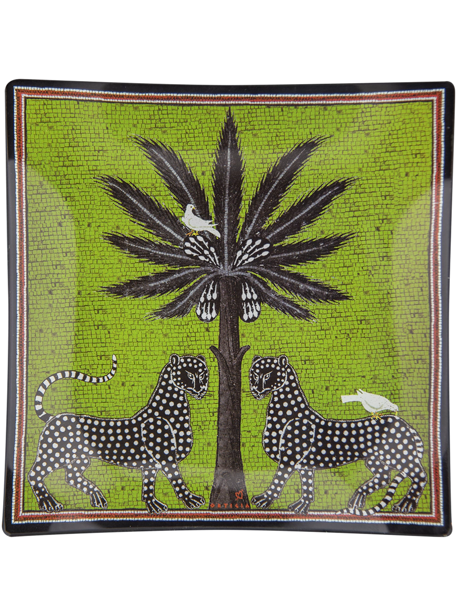 Piatto Quadrato in Vetro 25x25 con Mosaico e Pantera colore Verde